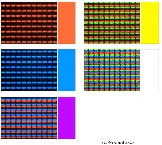 Obr. 1: Realizace různých barev pomocí pixelů (studovaná barva je vždy napravo od svého pixelového vyjádření)