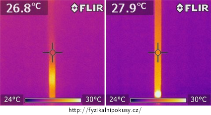 Obr. 3: Nepodložená (vlevo) a podložená (vpravo) trubka vyfotografovaná termokamerou